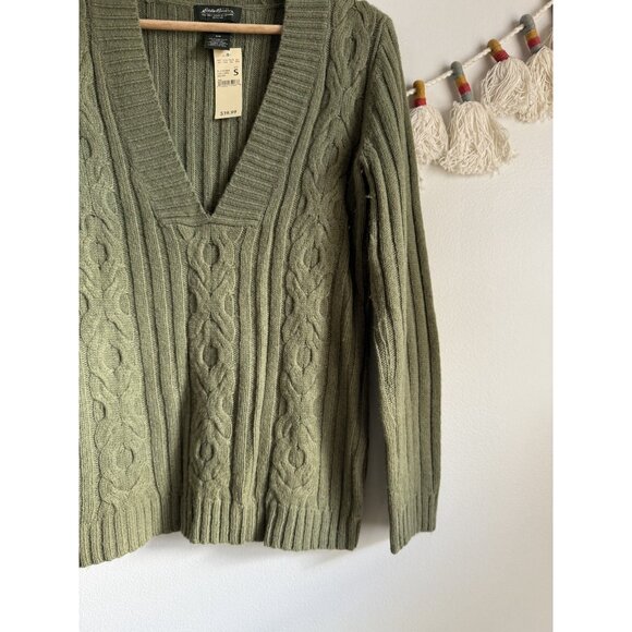 Vintage Eddie Bauer Wool Green Fisherman Cable Knit Sweater Old Money Y2k NWT S - Picture 5 of 8